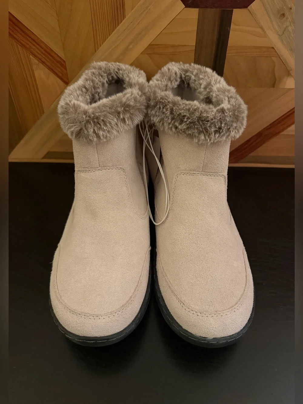 Khombu Cozy Faux Fur Winter Ankle Boots - Light Taupe, size 10